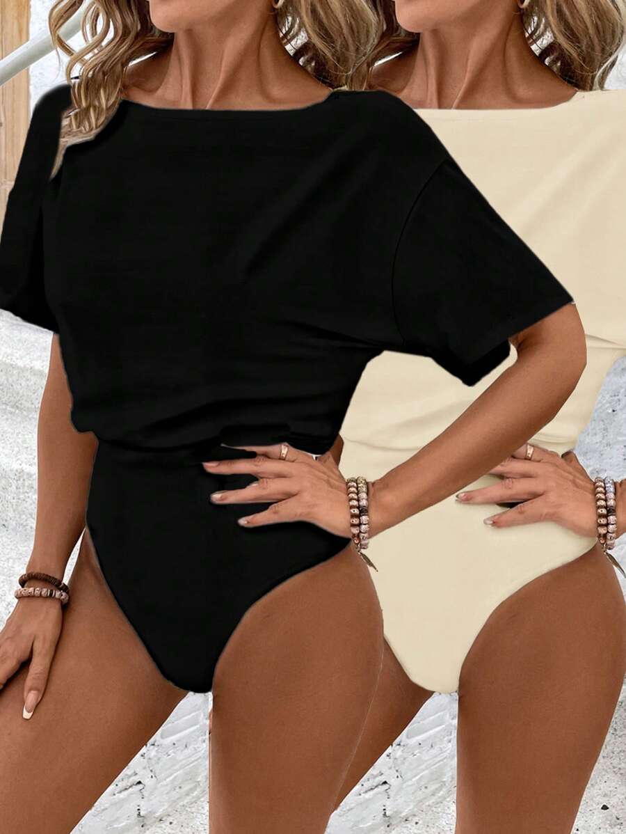 SHEIN LUNE 2pcs/Set Casual Solid Color Versatile Women Bodysuit, Suitable For Spring/Summer Carnival - Multicolor - View 1