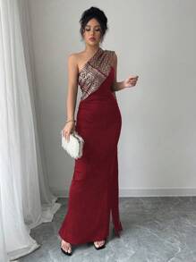 Rafferiza Robe près du corps plissée avec feuille d'or, mode moulant pour femmes - Rouge - Voir 6