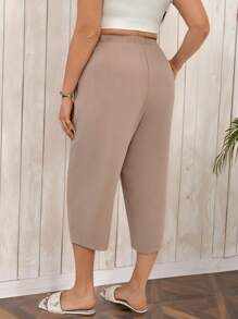 SHEIN Essnce Plus Size Women's Spring And Summer Fashion Casual Loose Comfortable Cool Daily Versatile Khaki Elastic Waist Button Decoration Cropped Trousers,Women Bottom,Vacation Outfits,Baggy Pants,European Summer,Capris For Women,Work Pants