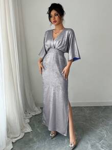 Elenzga 女士优雅休闲办公室/派对金属箔开衩连衣裙，适合春夏季和情人节 - 寶藍色 - 查看 5