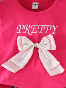 SHEIN Genkimix Kids 2pcs/Set Young Girls Loose Fit 3D Mesh Bow Decor Short Sleeve T-Shirt And Vintage Washed Denim Shorts Set, Suitable For School, Daily Wear - Multicolor - View 7