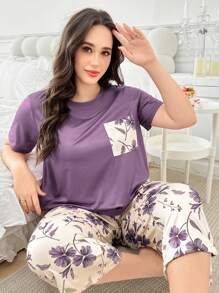 加大码紫色花卉印花口袋装饰短袖 T 恤和七分裤套装，服装 - 紫色 - 查看 3