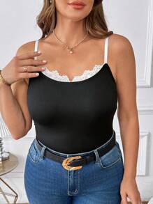 SHEIN Clasi Plus Size Women Spaghetti Strap Tops, Summer Black Lace Patchwork Cami Top Contrast Color Cami Top Versatile For Layering - Black and White - View 4