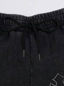 ROMWE MEN Goth Pantalones cortos casuales para hombres con cintura con cordón, bolsillos con aplicaciones de strass en forma de cruz - Negro - Ver 4