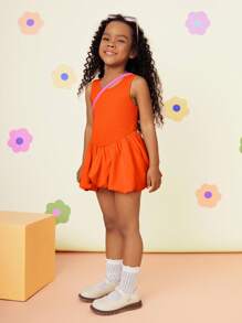 SHEIN Young Girl Solid Color Knit Round Neck Patchwork Woven Snug Fit Dress