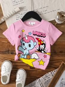 Unico X SHEIN Young Girl Pink Crew Neck Short Sleeve Casual Cartoon Cute Pony Star Print T-Shirt