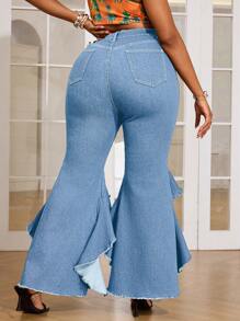 SHEIN SXY 女式大码荷叶边口袋喇叭裤时尚牛仔裤