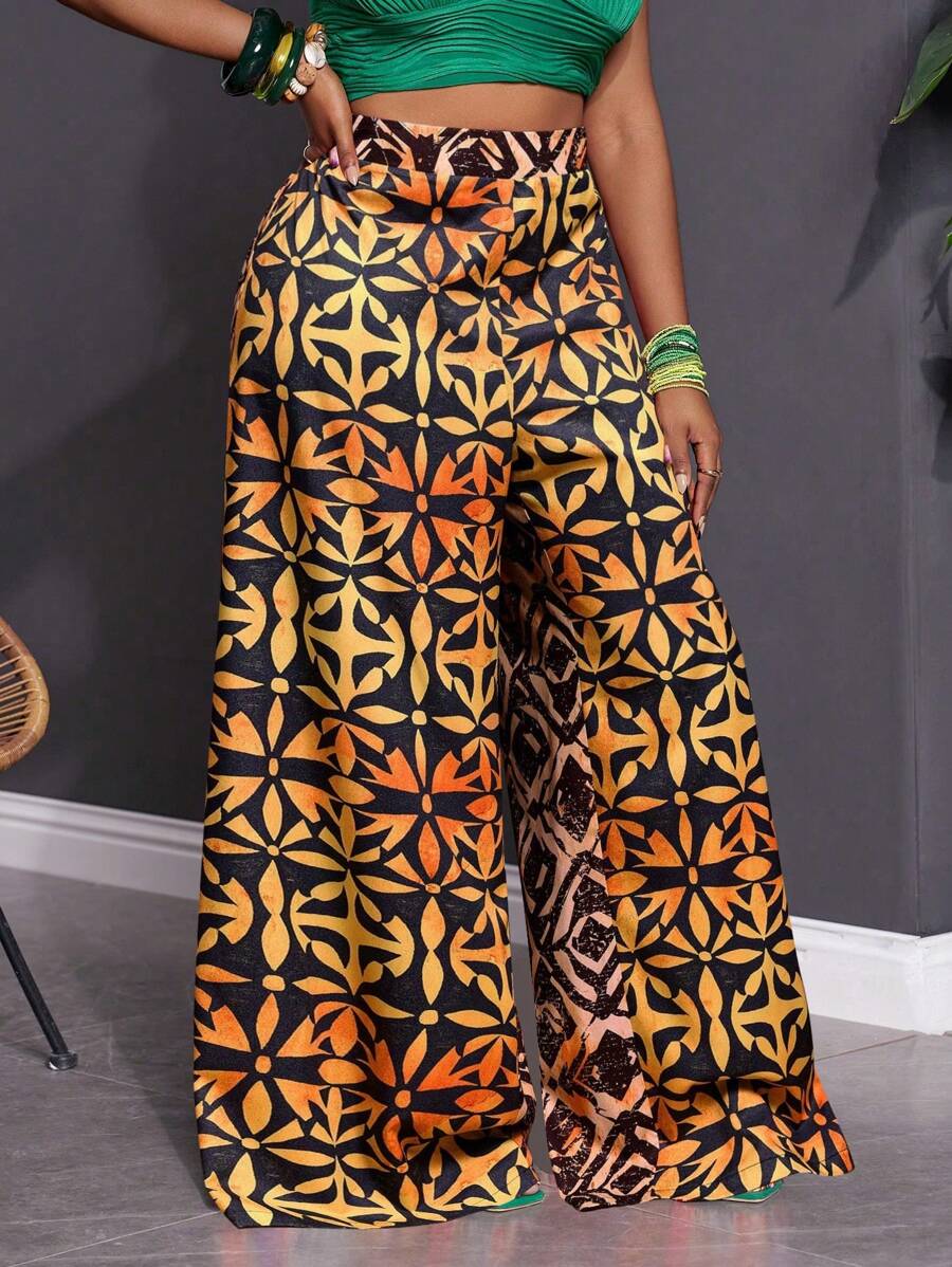 Slaydiva Women Plus Size Loose Printed Wide Leg Pants, Suitable For Music Festival, Easter, Western, Boho, Nashville, Birthday Party, Graduation, Student, Daily Casual, Leisure, Vacation, Cruise, Beach, Sunbathing, Relaxing Holiday,Summer Pants - Multicolor - View 1