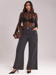 SHEIN BAE Women's Plus Size Elegant Sexy Sheer Lace Long Sleeve Round, Resort Wear Women,Mother Day,Mother's Day Gift,Mom,Easter Plus Women,Holiday Night,Summer Jacket,Elegant,Concert Women,Summer For Women,Summer,Sexy,Birthday Women,Wedding,Graduation,Club Women Sexy,Going Out Tops - Black - View 1