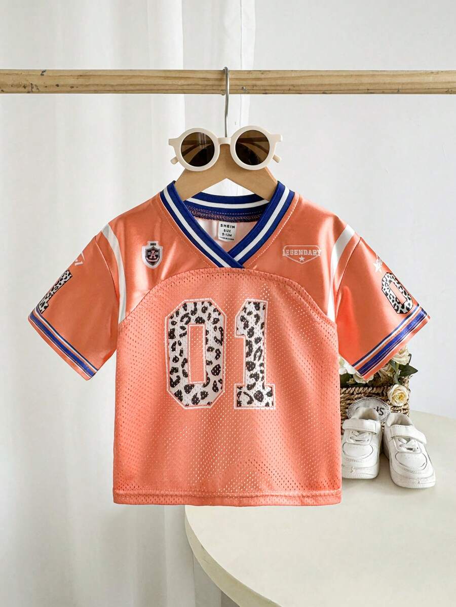 黑色休闲运动街头风格足球球衣 T 恤，婴儿女孩春夏上衣 - 橘色 - 查看 1