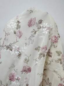 SHEIN 女士雪纺刺绣、印花、混合面料玫瑰花卉图案连体衣，多色，修身，二合一，宽领，可变换领型，领口开衩，宽肩带，前蝴蝶结，胸前荷叶边，系腰，半透明，假日，节日，优雅，性感，奢华，浪漫，休闲，通勤，复古，宫廷风格，春夏 - 杏色 - 查看 7