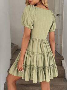 Easowa Váy ngắn phong cách phương Tây Boho dễ thương cổ vuông tay bồng buộc dây phía trước, ngày lễ mùa xuân hè - màu xanh lá - Xem 3