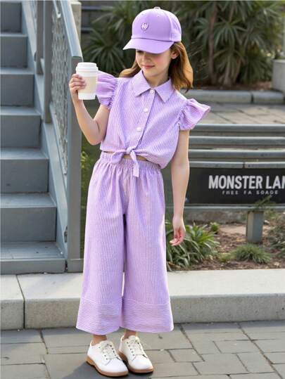 Genkimix Kids 2 件套条纹短袖纽扣衬衫和裤子套装，适合年轻女孩的休闲装