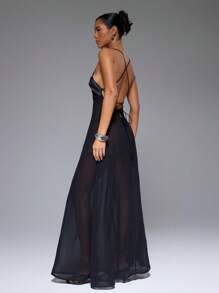 MUSERA 缎面露背吊带胸前镂空雪纺飘逸无袖长裙，适合春夏生日、婚礼、度假、海滩、游泳等场合，优雅可爱性感，波西米亚风情，沙漠兰花主题，伊比沙岛假日风，秋季夜生活，婚礼宾客，优雅约会之夜，颓废摇滚风，秋冬秋季派对 - 黑色 - 查看 2