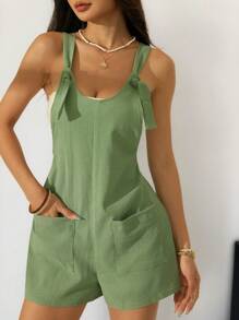 SHEIN PETITE Mono de unicolor de moda sin mangas, adecuado para el verano - Verde - Ver 8
