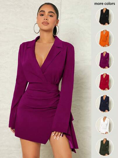 SHEIN SXY 女式纯色褶皱开衩喇叭袖迷你连衣裙，春夏