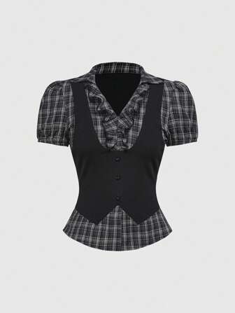 Goth Vintage Gothic Plaid Patchwork 2 In 1 Women Shirt Top, Back To School Summer Outfits