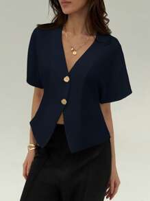 Aloruh Elegant Bat Wing Sleeve Open Front Solid Simple Blouse - Navy Blue - View 3