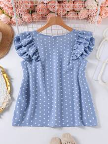 SHEIN CURVE+ Plus Size Women's Casual Polka Dot Print Ruffle V-Neck Blouse, Summer, Summer Tops - Blue - View 2