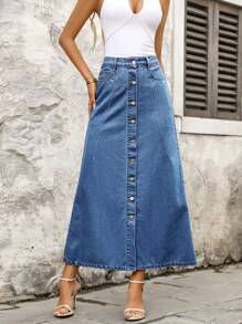 SHEIN Plus Size Women's Single-Breasted Casual Vacation Washed Denim Skirt