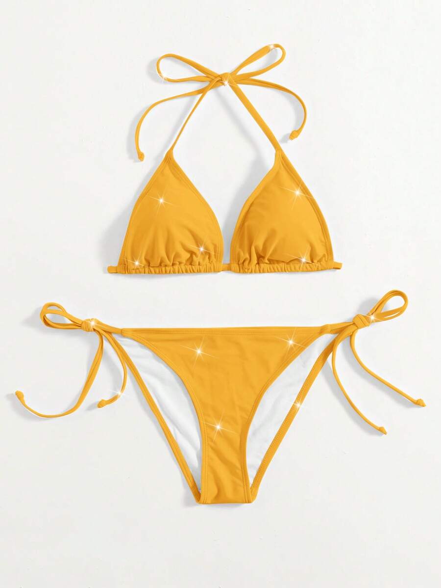 SHEIN Swim 金属金色两件套比基尼女式泳衣，优雅简约的海滩派对装，春夏休闲装 - 金色 - 查看 1