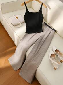 Franclia 女士休闲背心，女士直筒条纹休闲裤 - 卡其色 - 查看 3