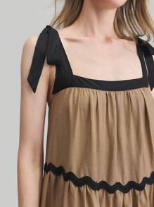 Ontre 2022 New Women Sleeveless Tie-Front Contrast Color Belted Dress, Bowknot Shoulder Tie Beach Dress For Spring & Summer