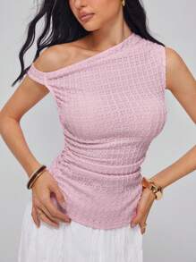 Roylia Women's Elegant Shoulder Strap Textured Knit Sleeveless Gathered Blouse, Versatile - Pink - View 3