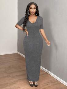 SHEIN SXY 女式纯色 V 领修身短袖连衣裙 Hoco Dresses - 深灰色 - 查看 6