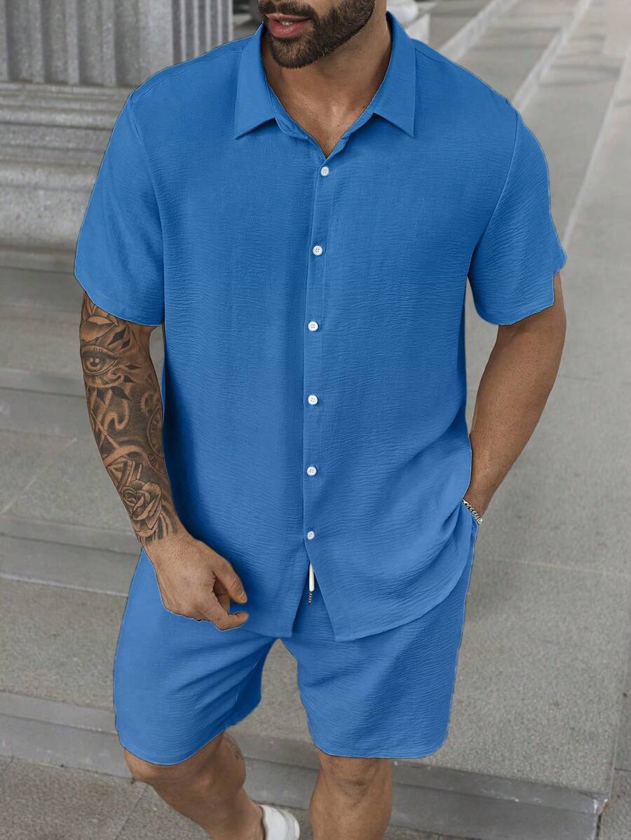 Manfinity Homme 2 Pieces Plus Size Men's Solid Color Short Sleeve Shirt And Cargo Shorts Set - Blue - View 1