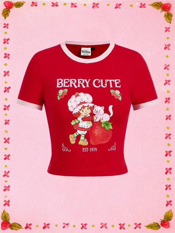 Strawberry Shortcake X SHEIN Women's Casual Cute Strawberry Print Contrast Trim Short Sleeve T-Shirt, Summer