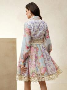 Anewsta 新款波西米亚风格三色花卉印花 Polo 领蕾丝花边腰带 A 字下摆连衣裙，春夏，优雅，度假，休闲