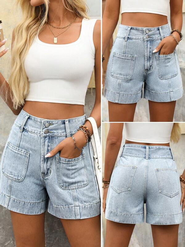 EMERY ROSE Women's Solid Color Button Pocket Casual Fashion Denim Shorts