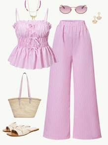Sparklyn 2 Pieces Set: Teen Girls Ruffled Striped Tie Up Camisole Top & Pants