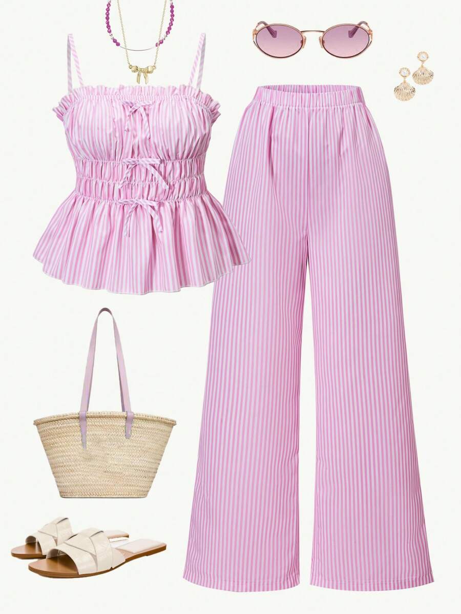 Sparklyn 2 Pieces Set: Teen Girls Ruffled Striped Tie Up Camisole Top & Pants