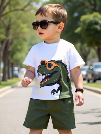 SHEIN 1 Set Toddlers' Cool T-Rex Graphic Print Sunglasses Pattern Short Sleeve T-Shirt & Shorts Outfit, Lightweight Casual Wear Suitable For Spring/Summer Young Boys Matching Sets Summer Holiday