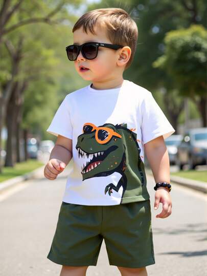 GraphicGems 1 Set Toddlers' Cool T-Rex Graphic Print Sunglasses Pattern Short Sleeve T-Shirt & Shorts Outfit, Lightweight Casual Wear Suitable For Spring/Summer Young Boys Matching Sets Summer Holiday