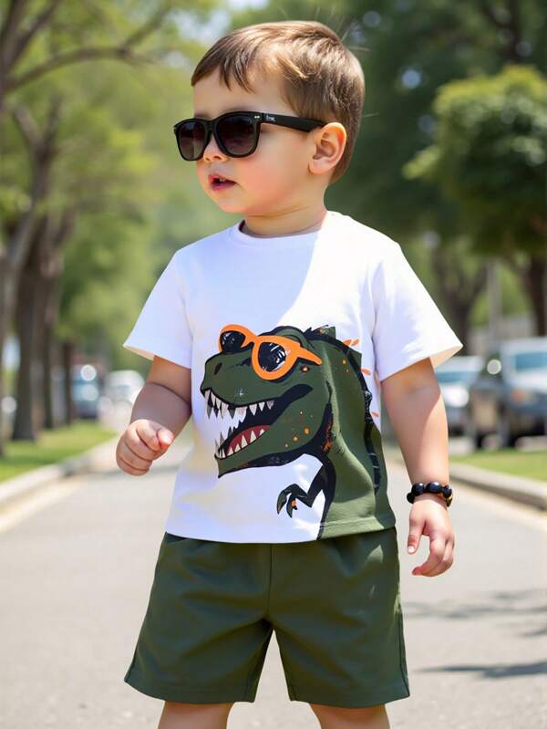 GraphicGems 1 Set Toddlers' Cool T-Rex Graphic Print Sunglasses Pattern Short Sleeve T-Shirt & Shorts Outfit, Lightweight Casual Wear Suitable For Spring/Summer Young Boys Matching Sets