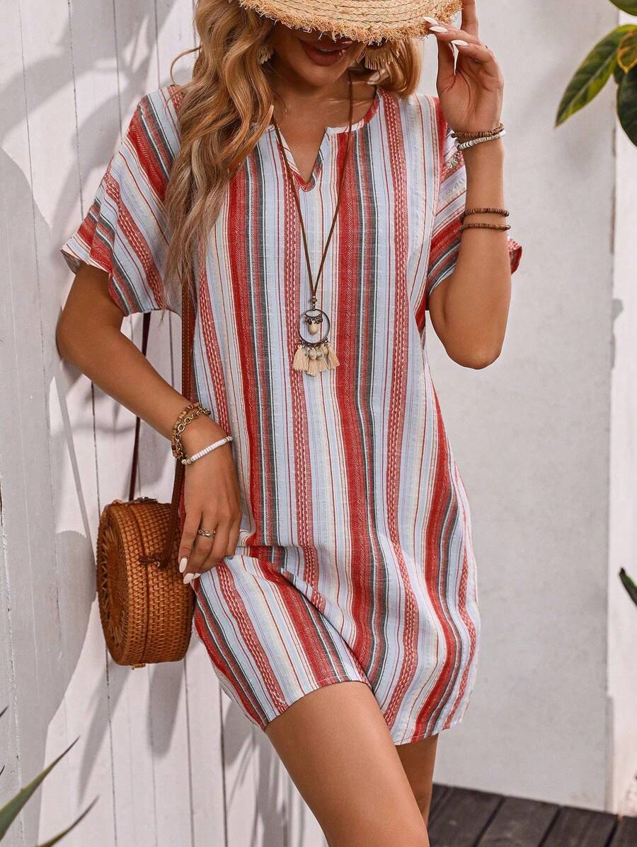 EMERY ROSE Summer Casual Vacation Striped Notched Neck Dress - Multicolor - View 1