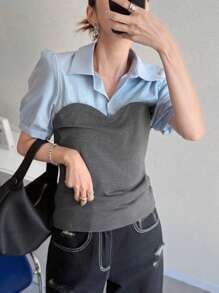 FRIFUL Camicia da donna con maniche a palloncino e blocchi di colore 2 in 1