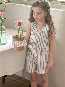 LMoss Kids 2 件套：V 领开衫和短裤，年轻女孩，编织条纹图案