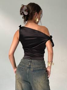 Aloruh Women's Summer Asymmetric Neck Ruffle Slim Fit Blouse