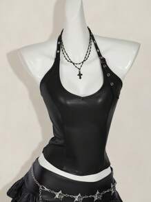 SHEIN ICON 女士纯色简约细肩带露背 PU 皮革 Y2K 短款上衣，酒红色，适合节日、派对、新年和休闲穿着 - 黑色 - 查看 8