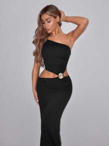SHEIN ICON Women's Solid Color Asymmetric Neckline Hollow-Out Sleeveless Dress - Black - View 4