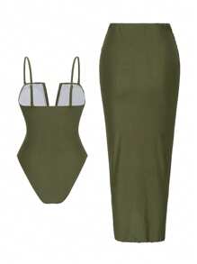 Swim Oasis 2件套海滩度假性感纯色V领褶饰细肩带连体泳衣和前开叉半身裙套装