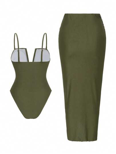 Swim Oasis 2 pièces Ensemble de Monokini à Bretelles Spaghetti Froncé Col en V Sexy et Jupe Fendue Avant pour Vacances à la Plage