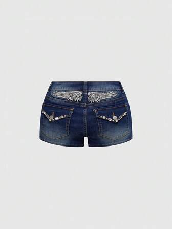 Grunge Punk Short en jean ultra court taille basse déchiré avec broderie d'ailes au dos et strass, révélant le ventre sexy