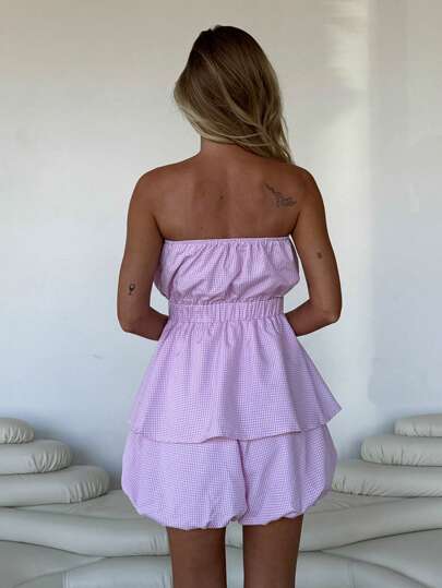 Chiquease Plaid Jumpsuit/ Vintage Picnic Vacation/ Double Layer Ruffle/ Strapless Jumpsuit/ Casual Romantic