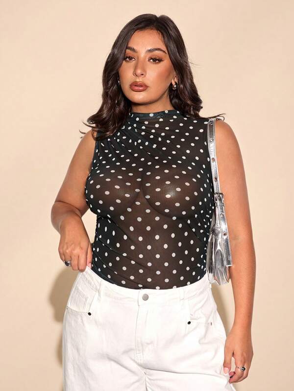 SHEIN BAE Body elegant transparent cu buline pentru femei plus size/Bluze de vară/Ținute de festival/Tricou plus size/Bluze plus size/Bluze pentru vară/Bluză neagră/Vacanță/Ținute de vacanță pentru femeie