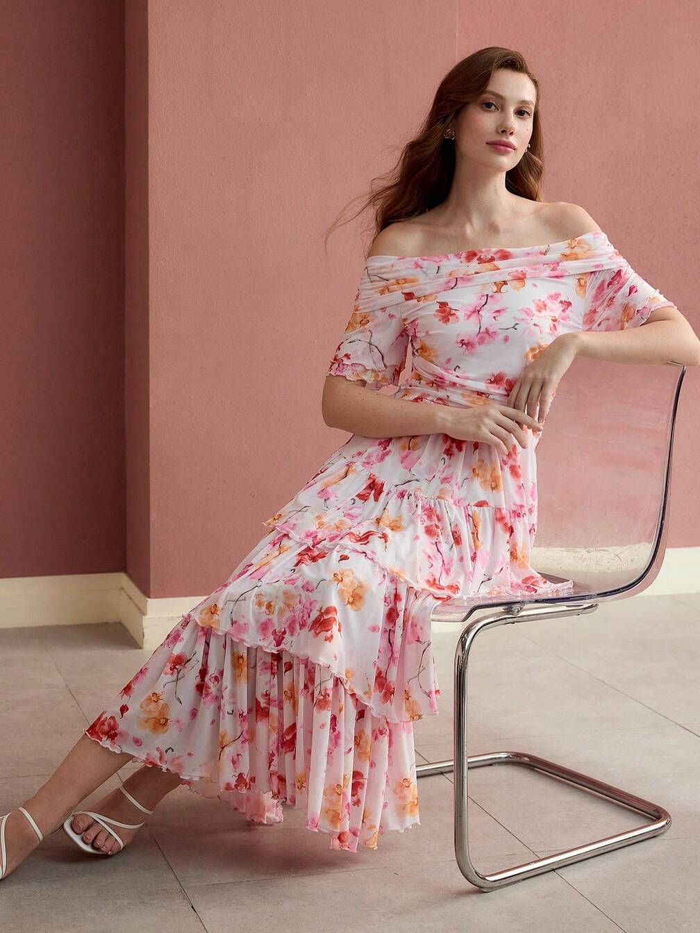 flowy valentine's day dress MOTF FLORAL PRINT OFF SHOULDER DRESS,VALENTINE'S OUTFIT｜Motf RuffledCapSleeveTwirlDress